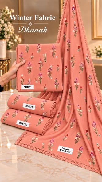 Peach Aneela 8101: actual shirt, trouser and embroidered shawl fabric