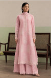 Blush pink embroidered Dhanak suit shown on a model with a matching embroidered shawl; supplied unstitched.