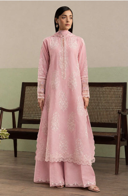 Blush pink embroidered Dhanak suit shown on a model with a matching embroidered shawl; supplied unstitched.