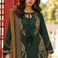 Charizma 3095 forest-green Dhanak suit: front detail model view showing gold paisley embroidery, tie neckline, cuff and printed mustard wool dupatta
