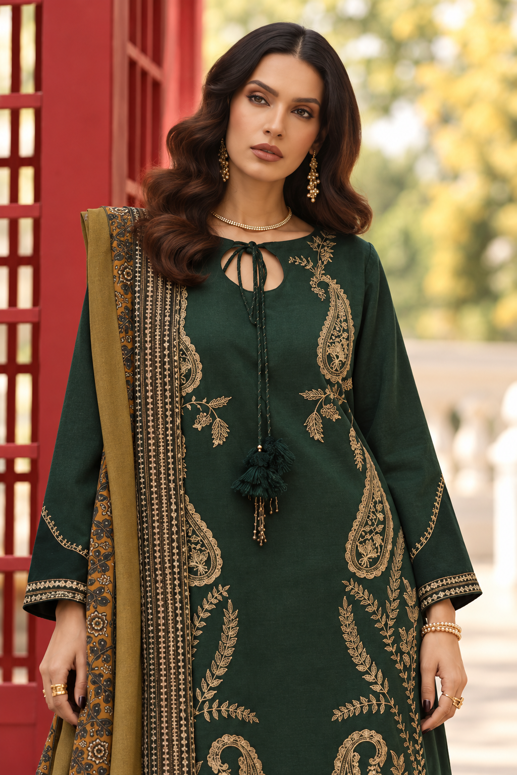 Charizma 3095 forest-green Dhanak suit: front detail model view showing gold paisley embroidery, tie neckline, cuff and printed mustard wool dupatta