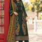 Charizma 3095 forest-green Dhanak suit: shallow front three-quarter model view, gold paisley embroidery and mustard printed wool dupatta
