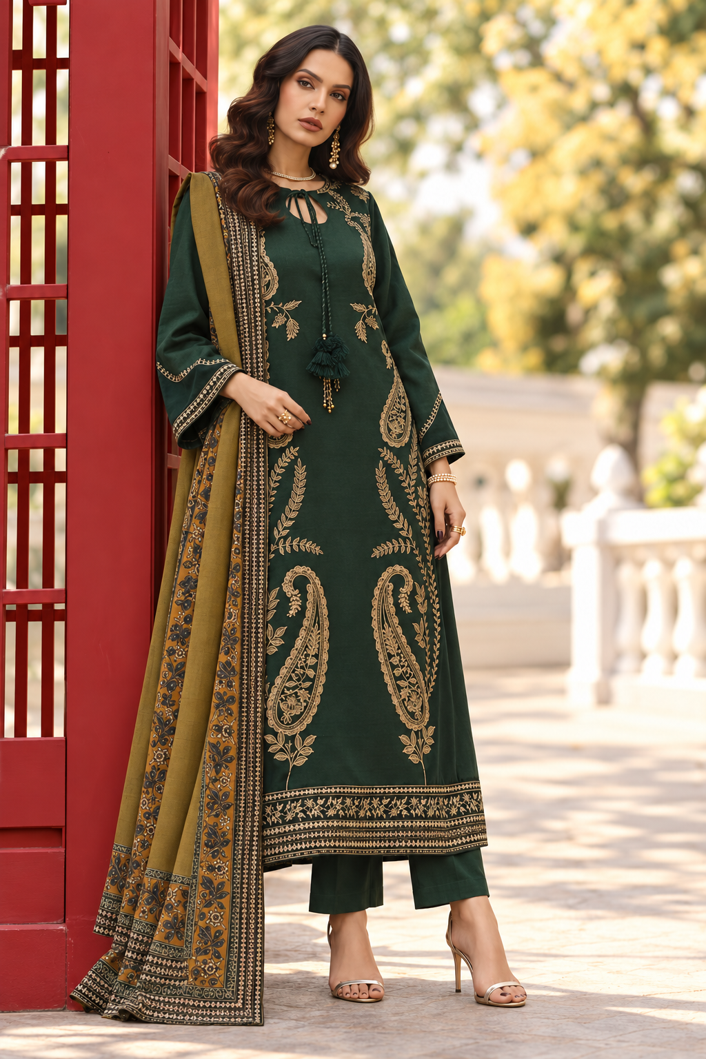 Charizma 3095 forest-green Dhanak suit: shallow front three-quarter model view, gold paisley embroidery and mustard printed wool dupatta