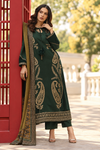 Charizma 3095 forest-green Dhanak suit — front model view with embroidered shirt and printed mustard wool shawl