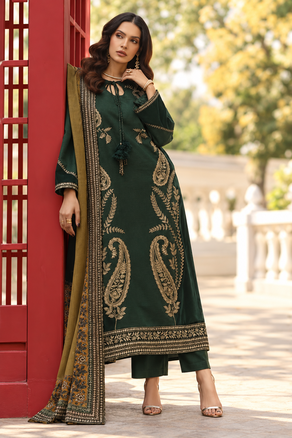 Charizma 3095 forest-green Dhanak suit — front model view with embroidered shirt and printed mustard wool shawl