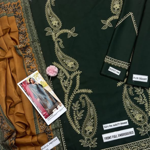 Dark green article 3095: actual embroidered Dhanak fabric, trouser and mustard printed wool dupatta
