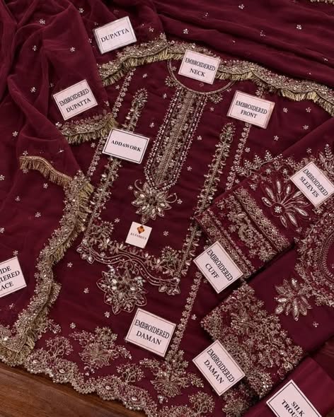 Burgundy Alizeh: actual unstitched fabric and embroidery pieces