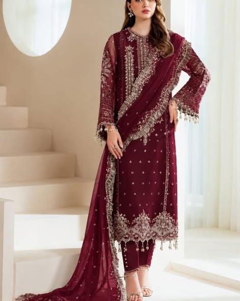 Burgundy Alizeh chiffon suit: original front model photograph
