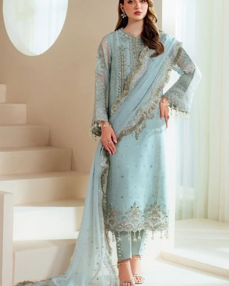 Powder Blue Alizeh chiffon suit: original front model photograph