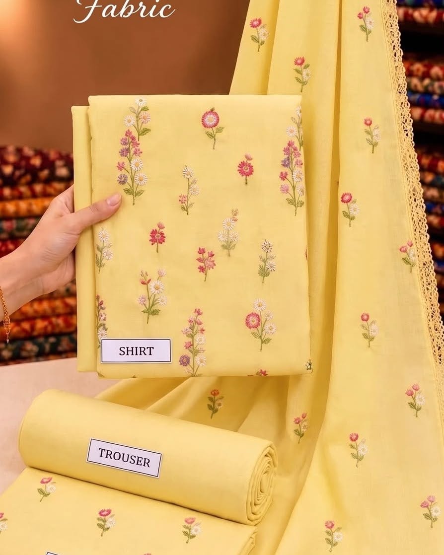 Lemon Indian Booti Dhanak — actual unstitched shirt, trouser and embroidered dupatta fabric