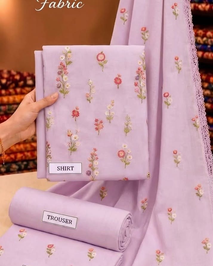 Lilac Indian Booti Dhanak — actual unstitched shirt, trouser and embroidered dupatta fabric