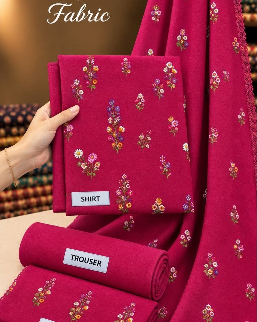 Magenta Indian Booti Dhanak — actual unstitched shirt, trouser and embroidered dupatta fabric