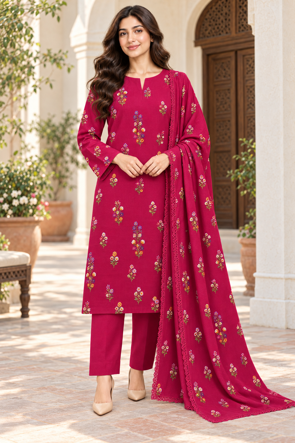 Indian Booti Dhanak — Magenta front view
