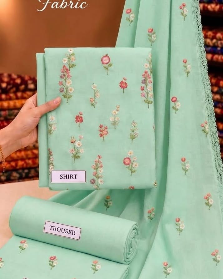 Mint Indian Booti Dhanak — actual unstitched shirt, trouser and embroidered dupatta fabric