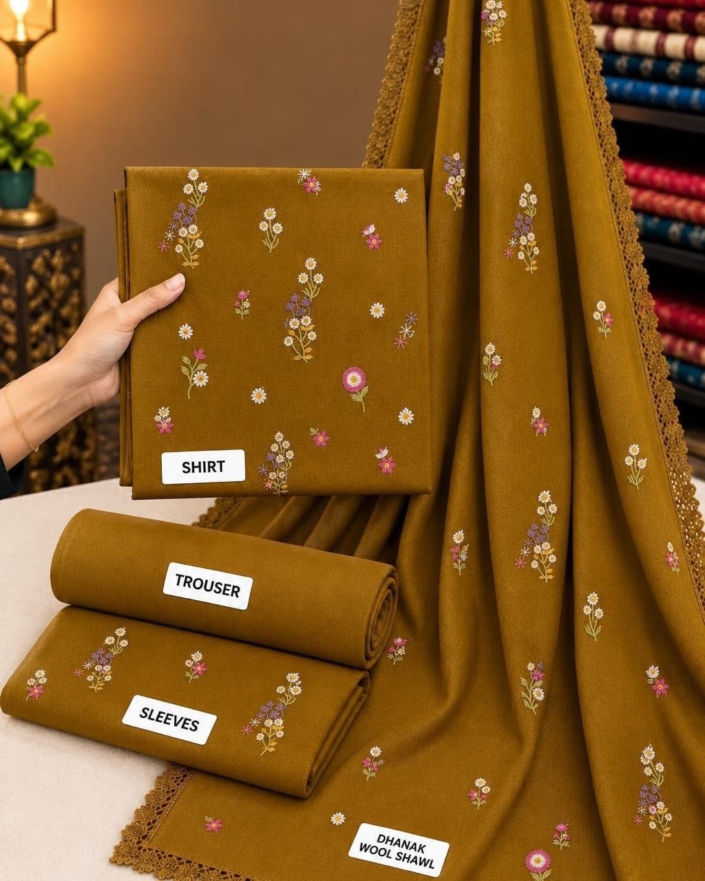 Mustard Indian Booti Dhanak — actual unstitched shirt, trouser and embroidered dupatta fabric