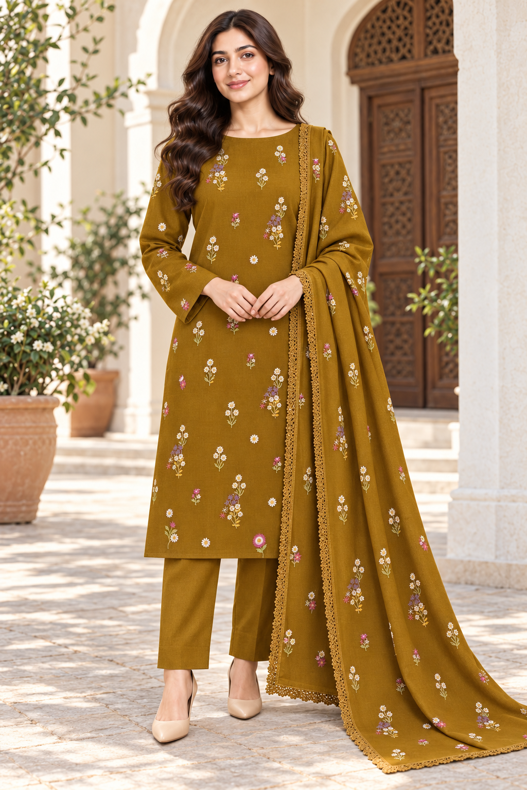 Indian Booti Dhanak — Mustard front view