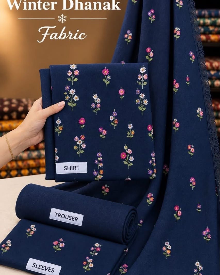 Navy Indian Booti Dhanak — actual unstitched shirt, trouser and embroidered dupatta fabric