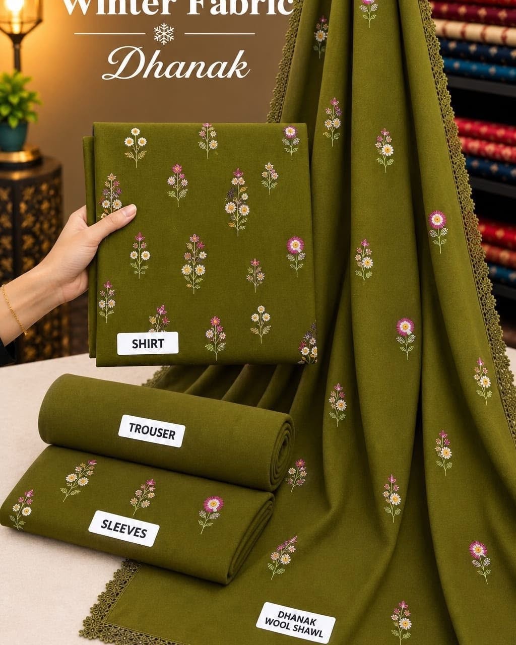 Olive Indian Booti Dhanak — actual unstitched shirt, trouser and embroidered dupatta fabric