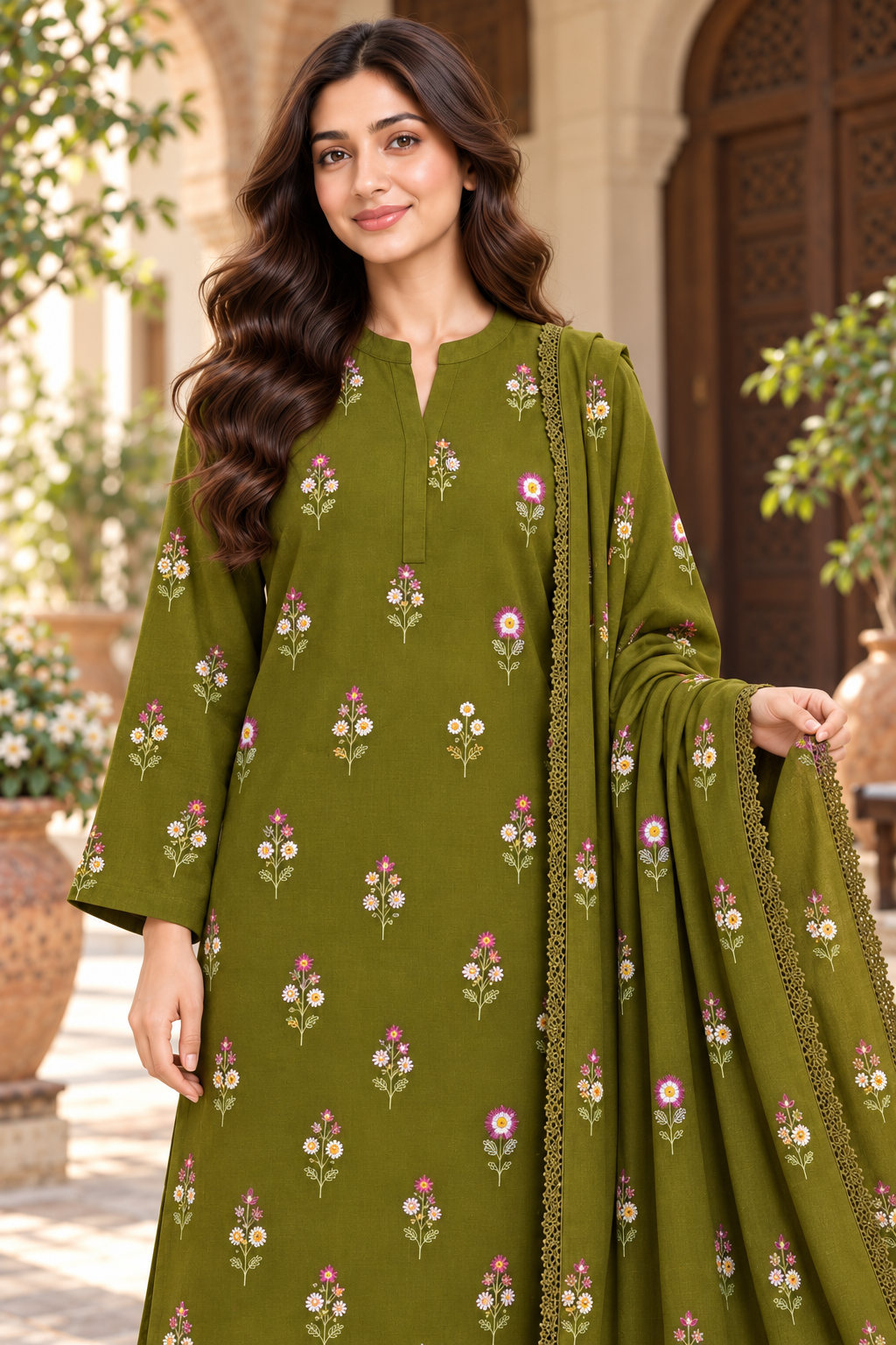 Indian Booti Dhanak — Olive close view