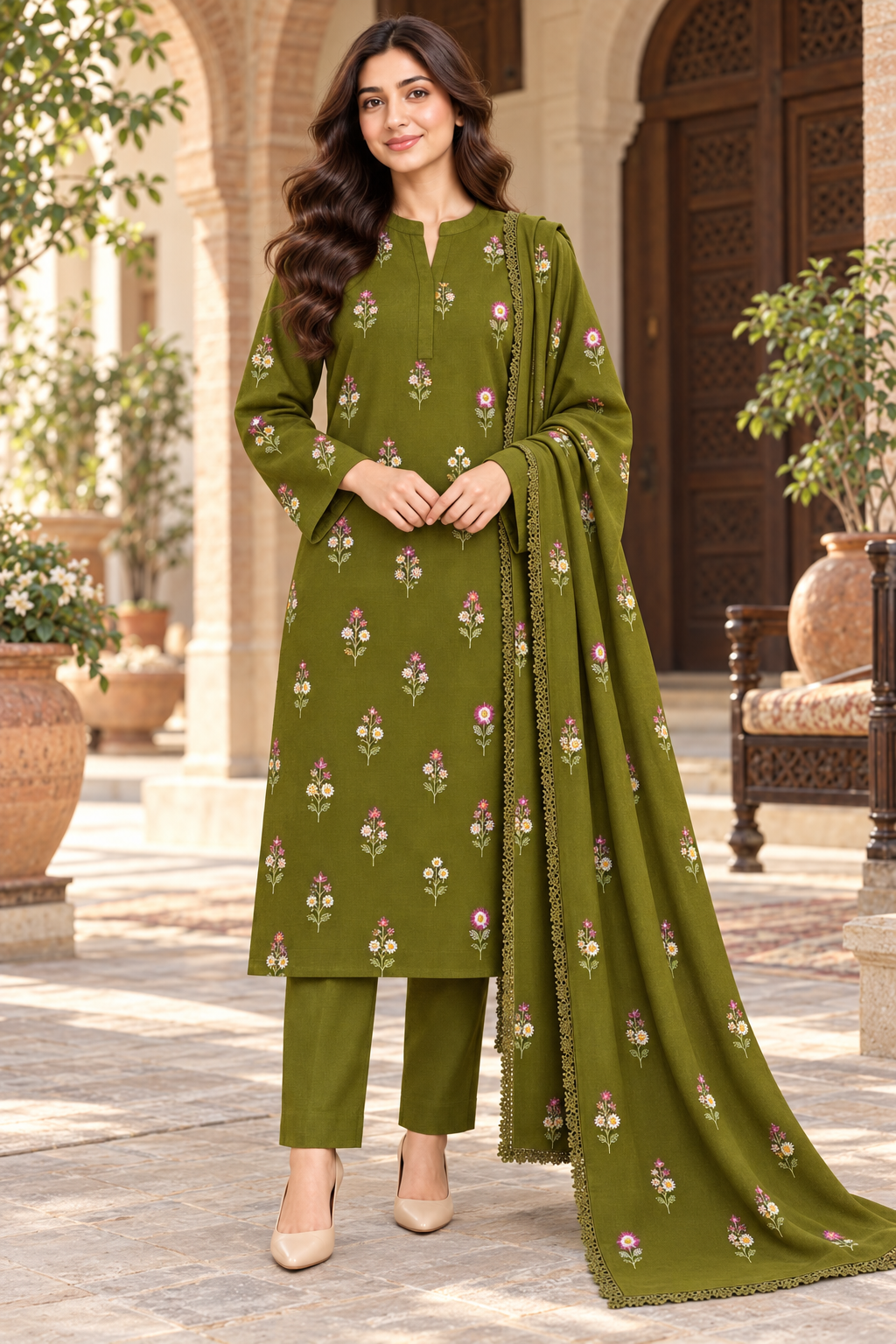 Indian Booti Dhanak — Olive front view