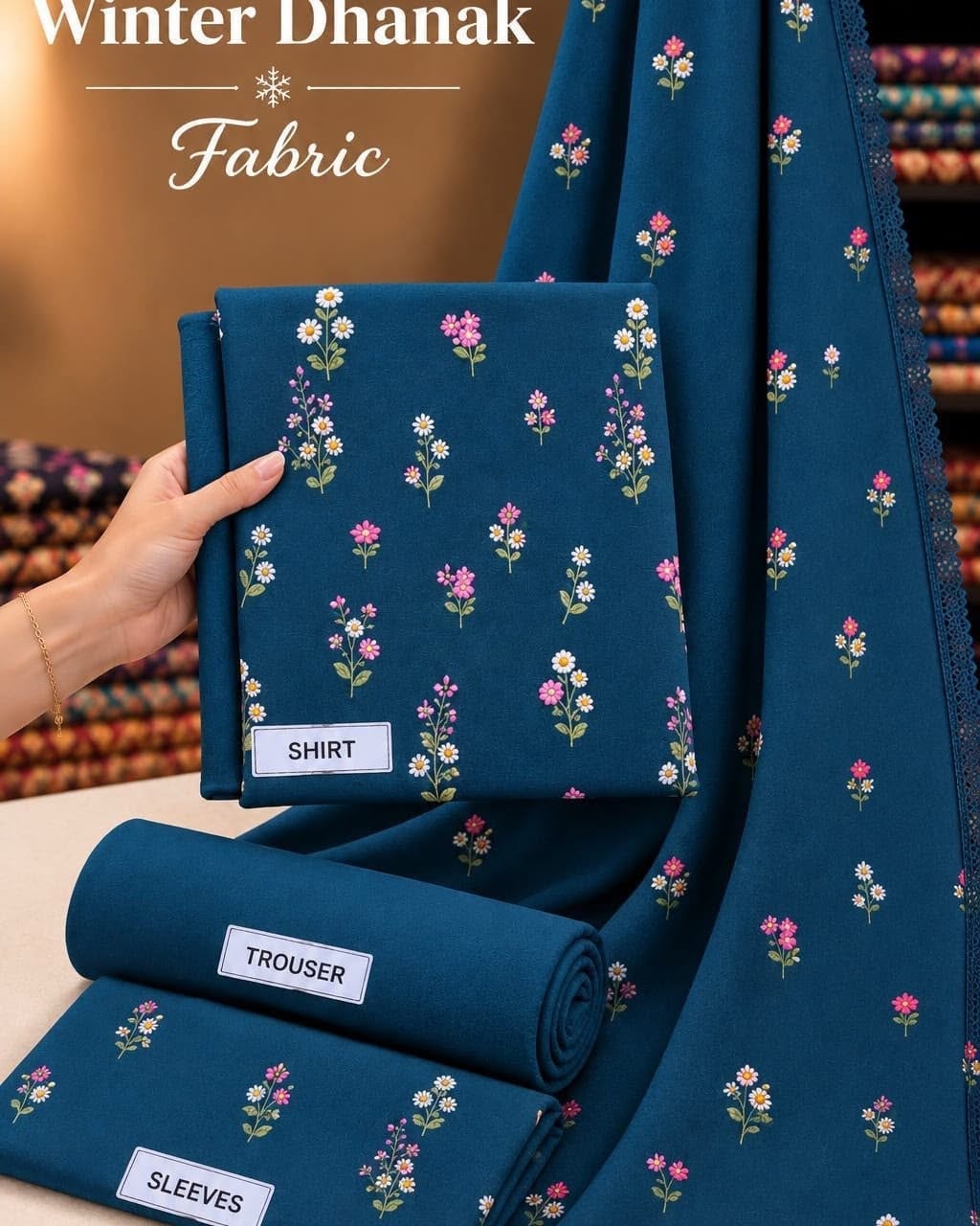 Petrol Blue Indian Booti Dhanak — actual unstitched shirt, trouser and embroidered dupatta fabric