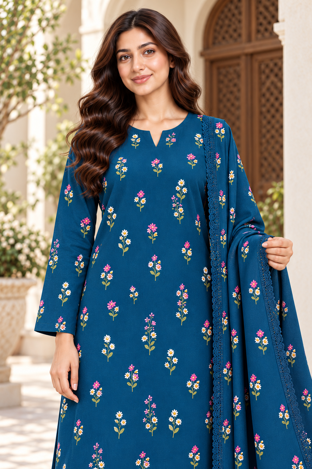 Indian Booti Dhanak — Petrol Blue close view