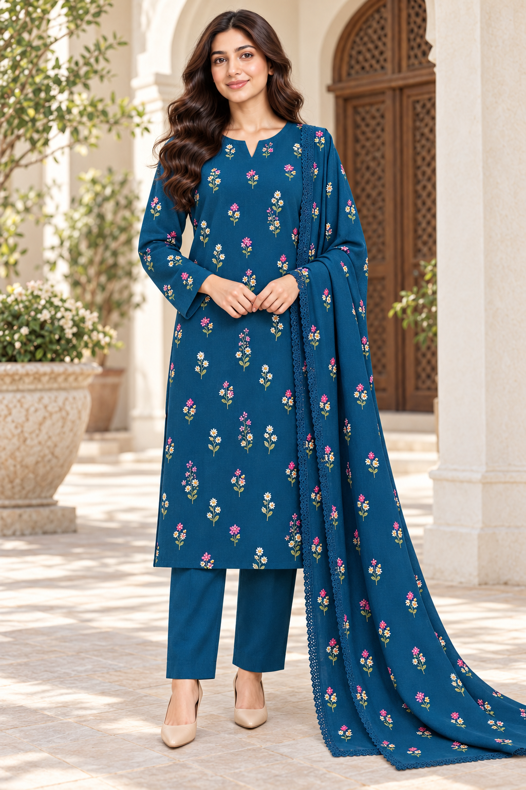 Indian Booti Dhanak — Petrol Blue front view