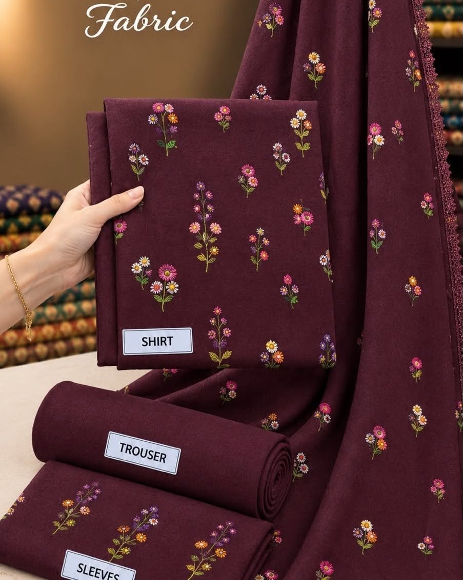 Plum Indian Booti Dhanak — actual unstitched shirt, trouser and embroidered dupatta fabric