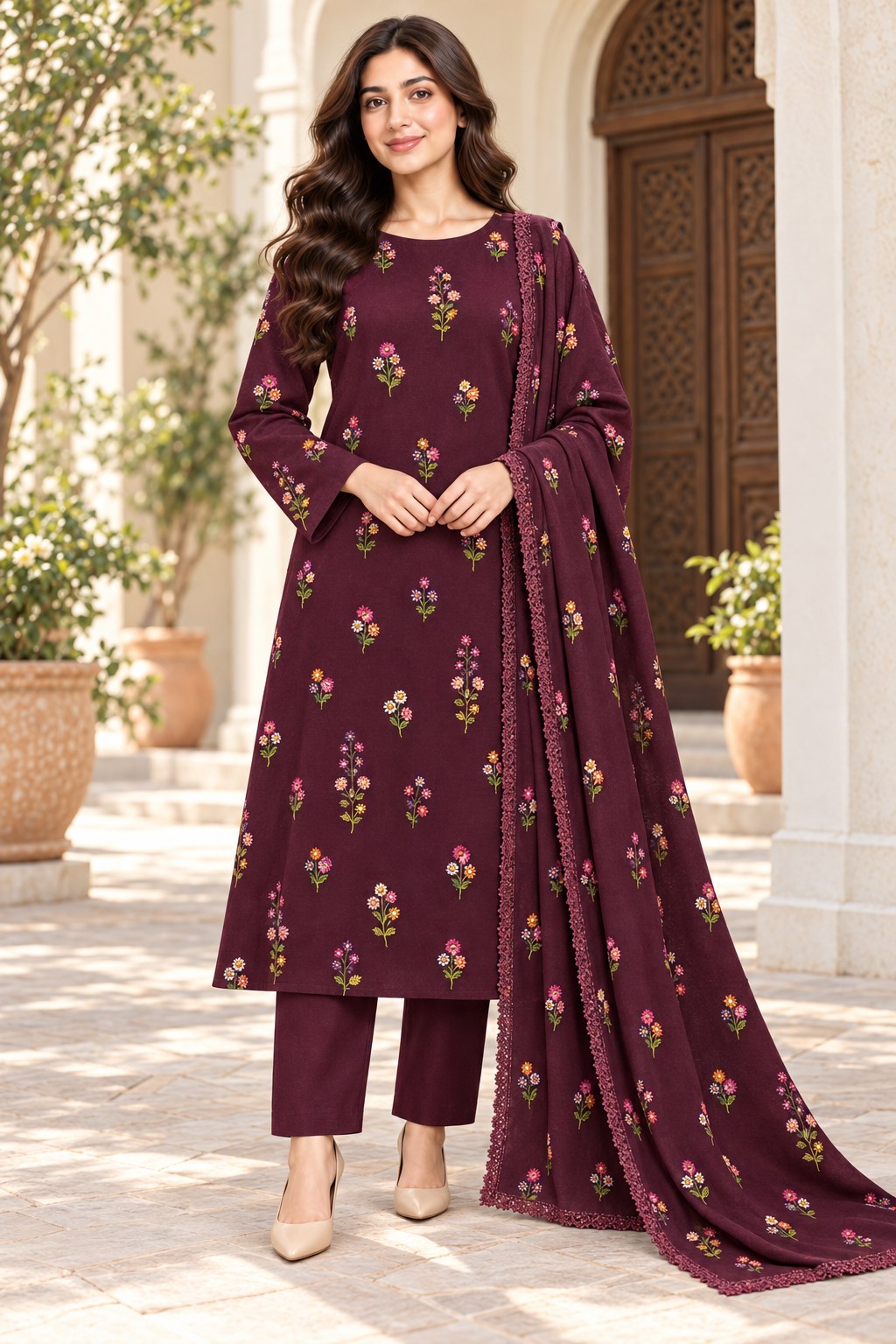 Indian Booti Dhanak — Plum front view