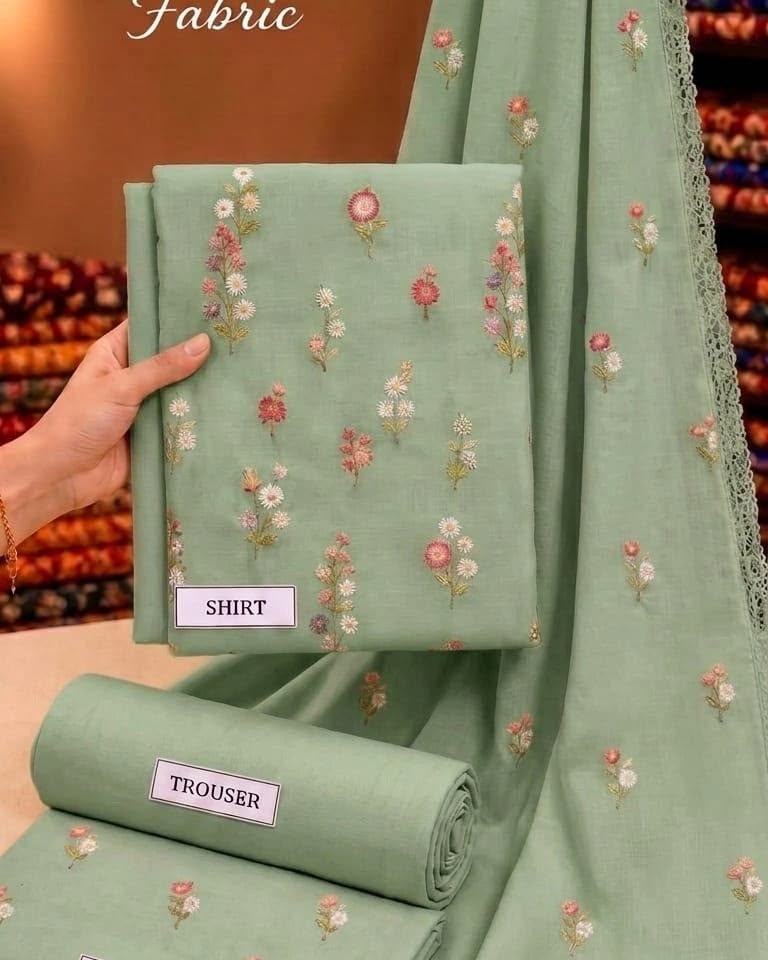 Sage Indian Booti Dhanak — actual unstitched shirt, trouser and embroidered dupatta fabric