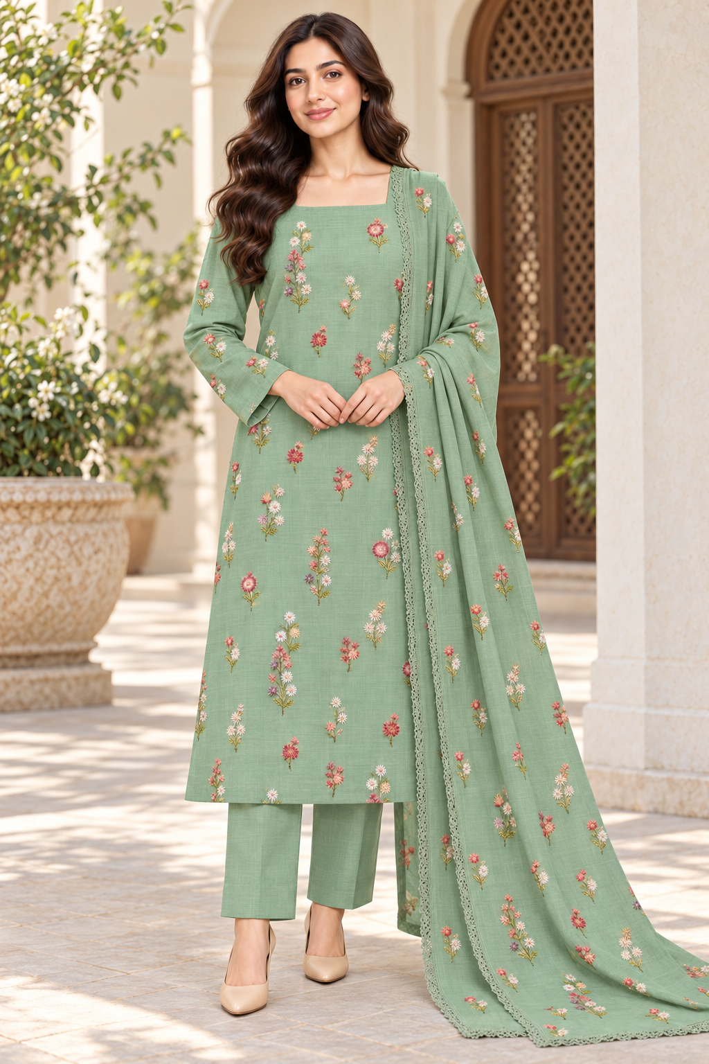 Indian Booti Dhanak — Sage front view