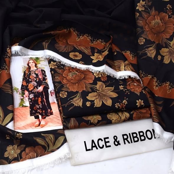 Black and rust floral printed unstitched Karandi fabric with matching trouser and wool shawl