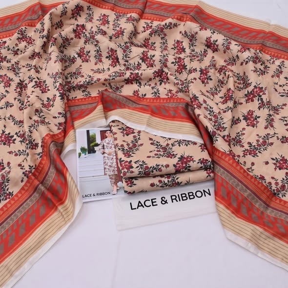 Cream and red floral printed unstitched Karandi fabric with matching pieces