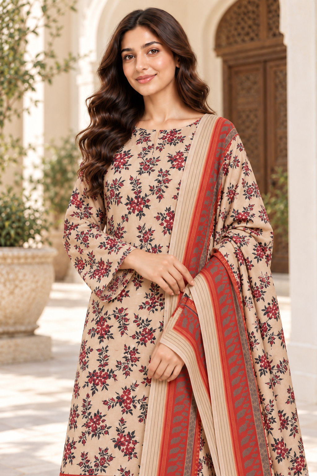 Karandi — ivory crimson front detail