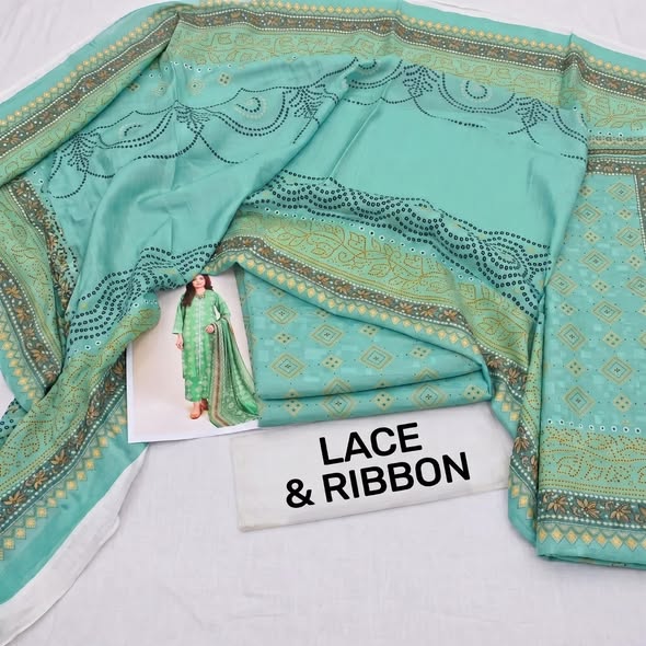 Mint and teal printed unstitched Karandi fabric with geometric pattern and matching pieces