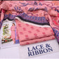 Pink and navy printed unstitched Karandi fabric with matching trouser and wool shawl