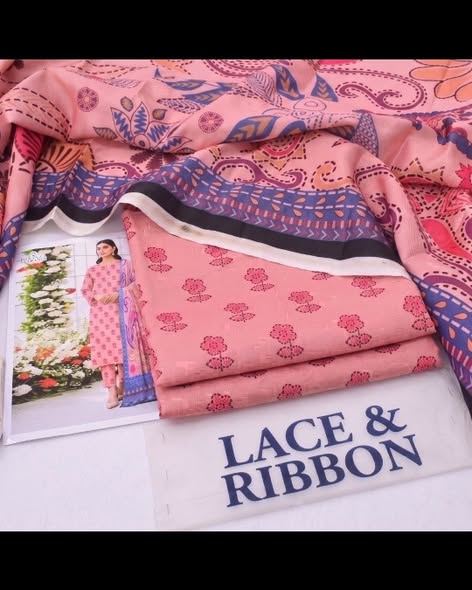 Pink and navy printed unstitched Karandi fabric with matching trouser and wool shawl