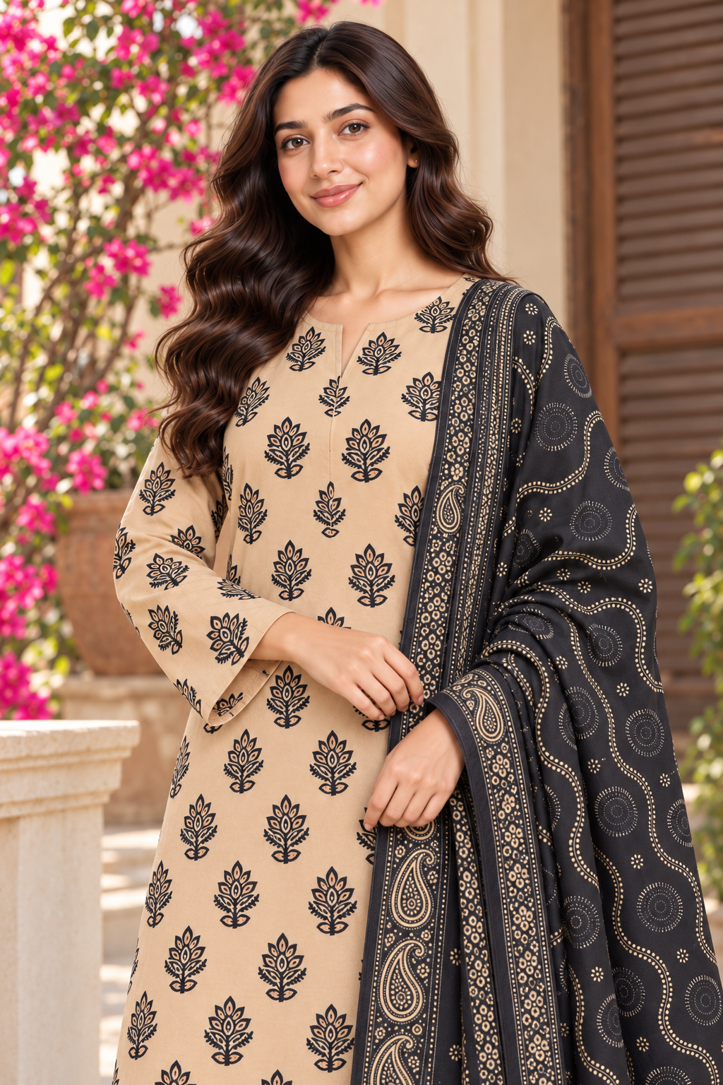 Karandi — sand black booti front detail
