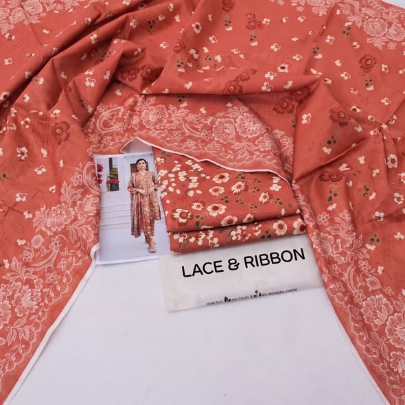 Terracotta floral printed unstitched Karandi fabric and coordinated pieces