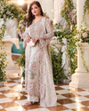 Front model view of the warm ivory embroidered chiffon MCS-26-107 suit and floral dupatta