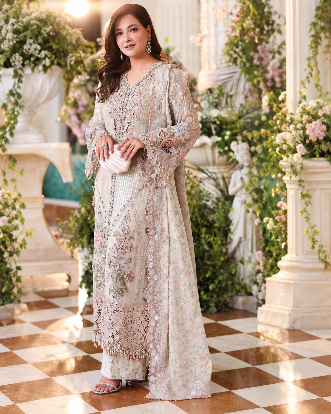 Front model view of the warm ivory embroidered chiffon MCS-26-107 suit and floral dupatta