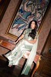 Mint Shamoz silk Murk suit: original seated model photograph