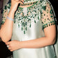 Murk mint suit: neckline, shoulder and net sleeve embroidery on the model