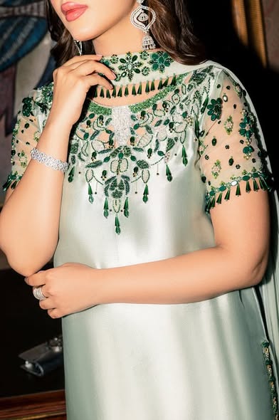 Murk mint suit: neckline, shoulder and net sleeve embroidery on the model