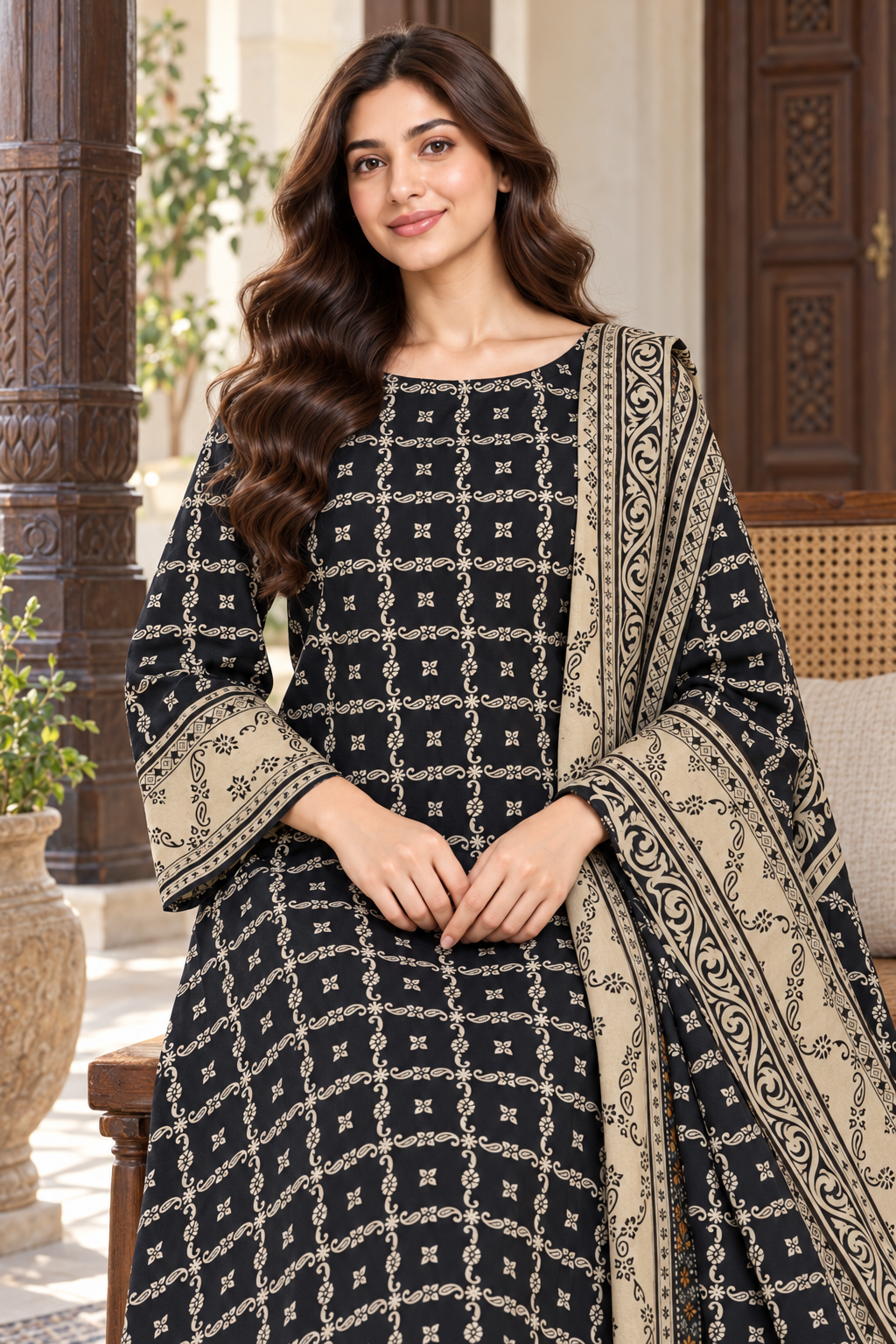 Cambric cotton — black ivory lattice verandah