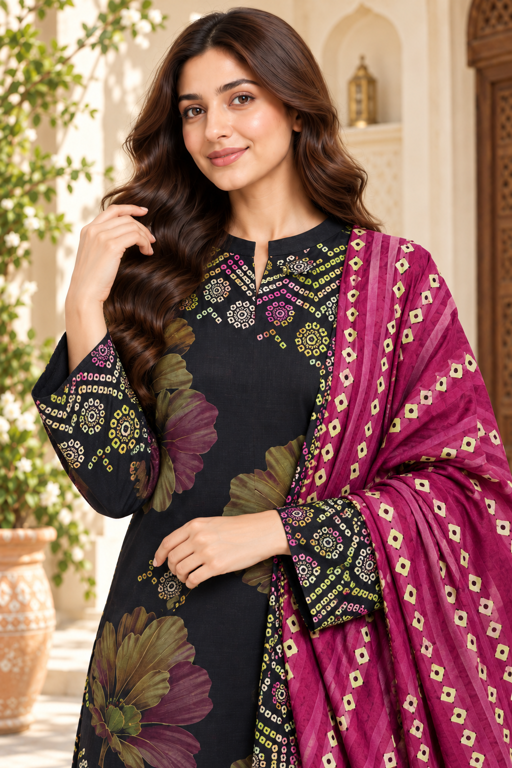 Cambric cotton — black magenta floral verandah detail