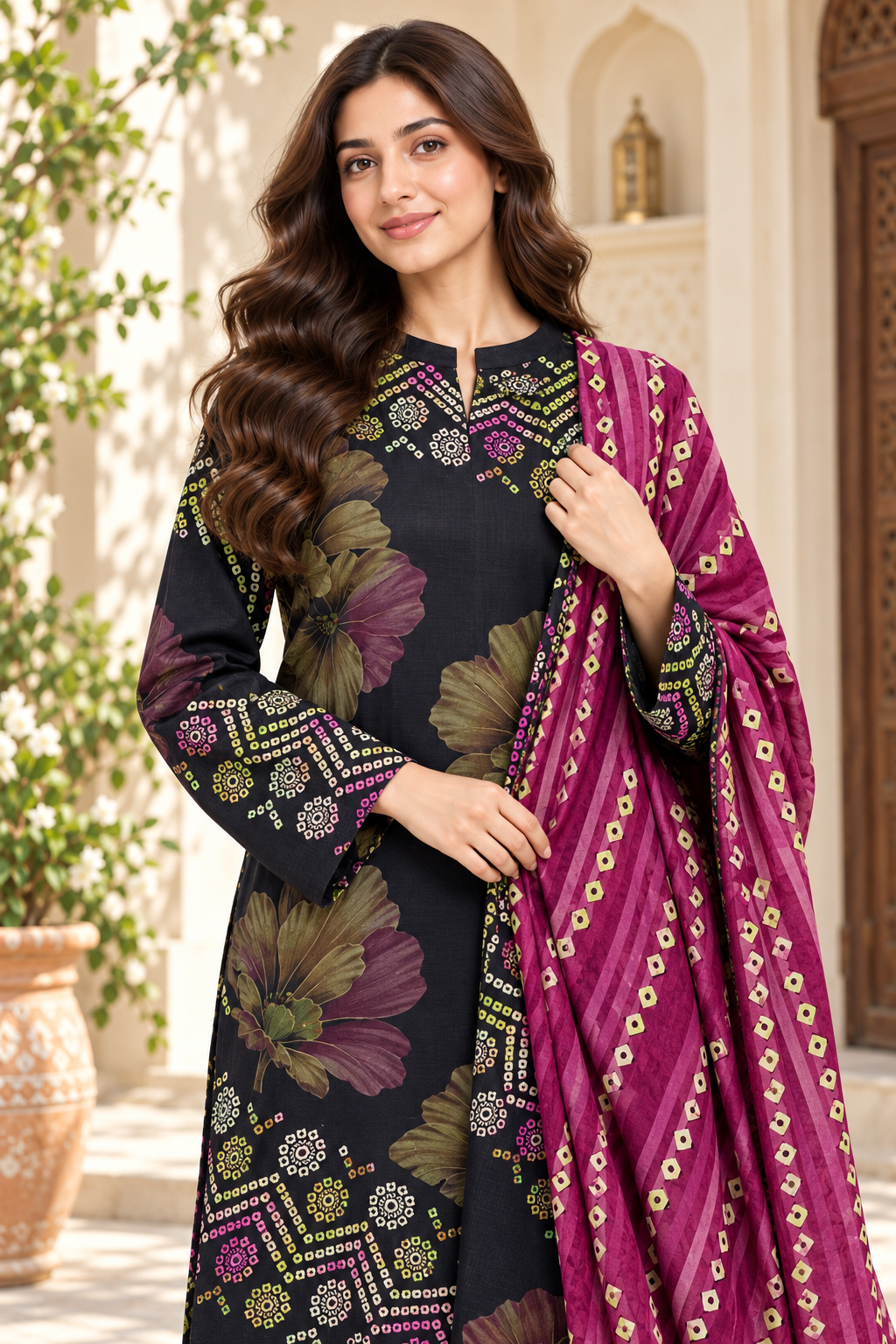 Cambric cotton — black magenta floral verandah
