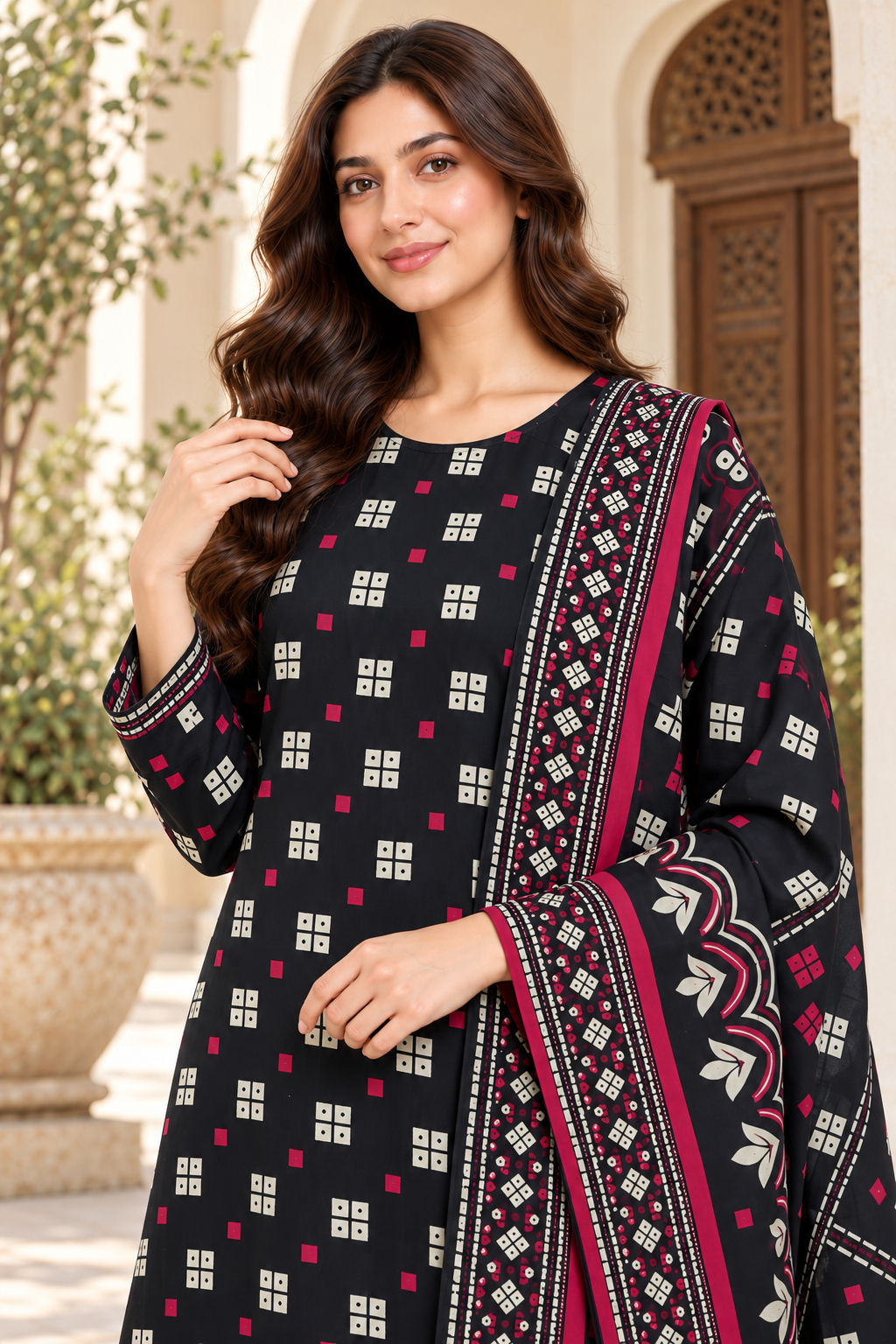 Cambric cotton — black pink grid verandah detail