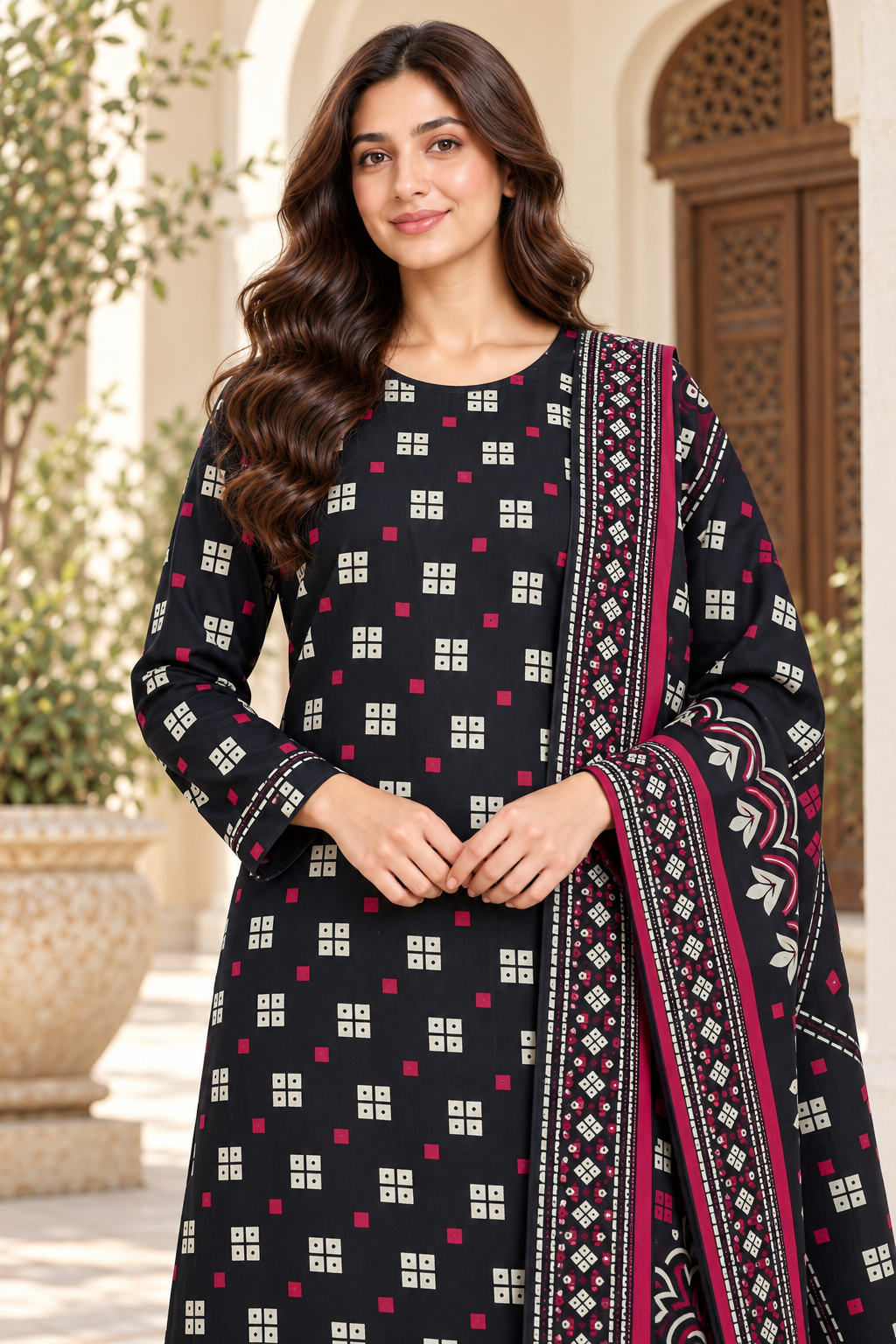 Cambric cotton — black pink grid verandah