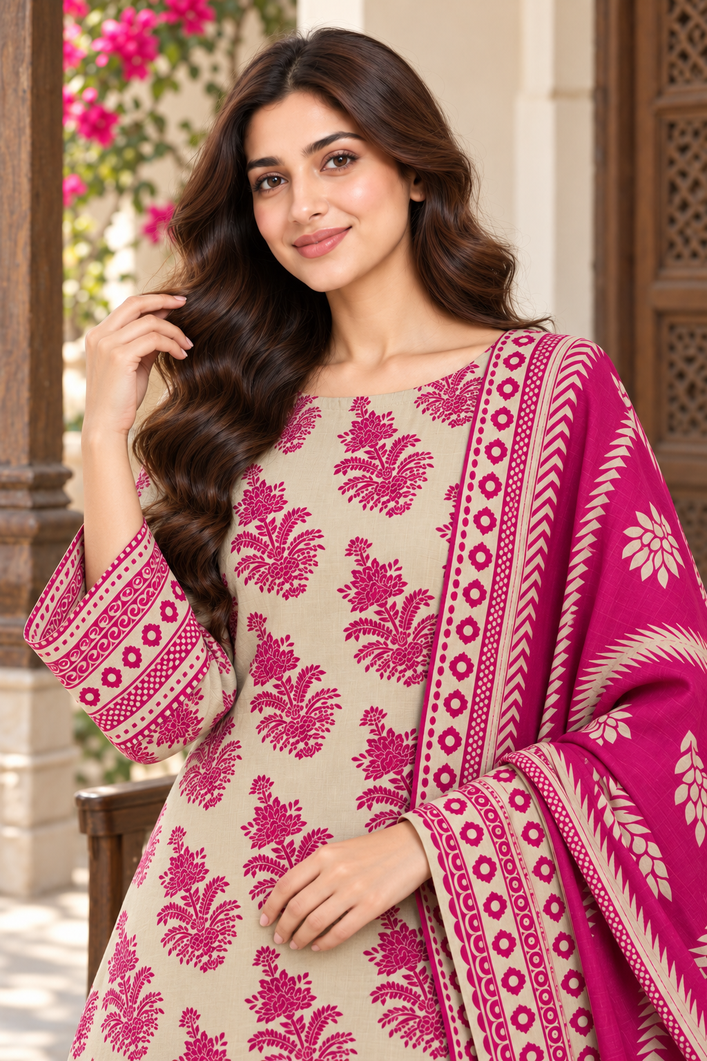 Cambric cotton — ivory magenta botanical verandah detail